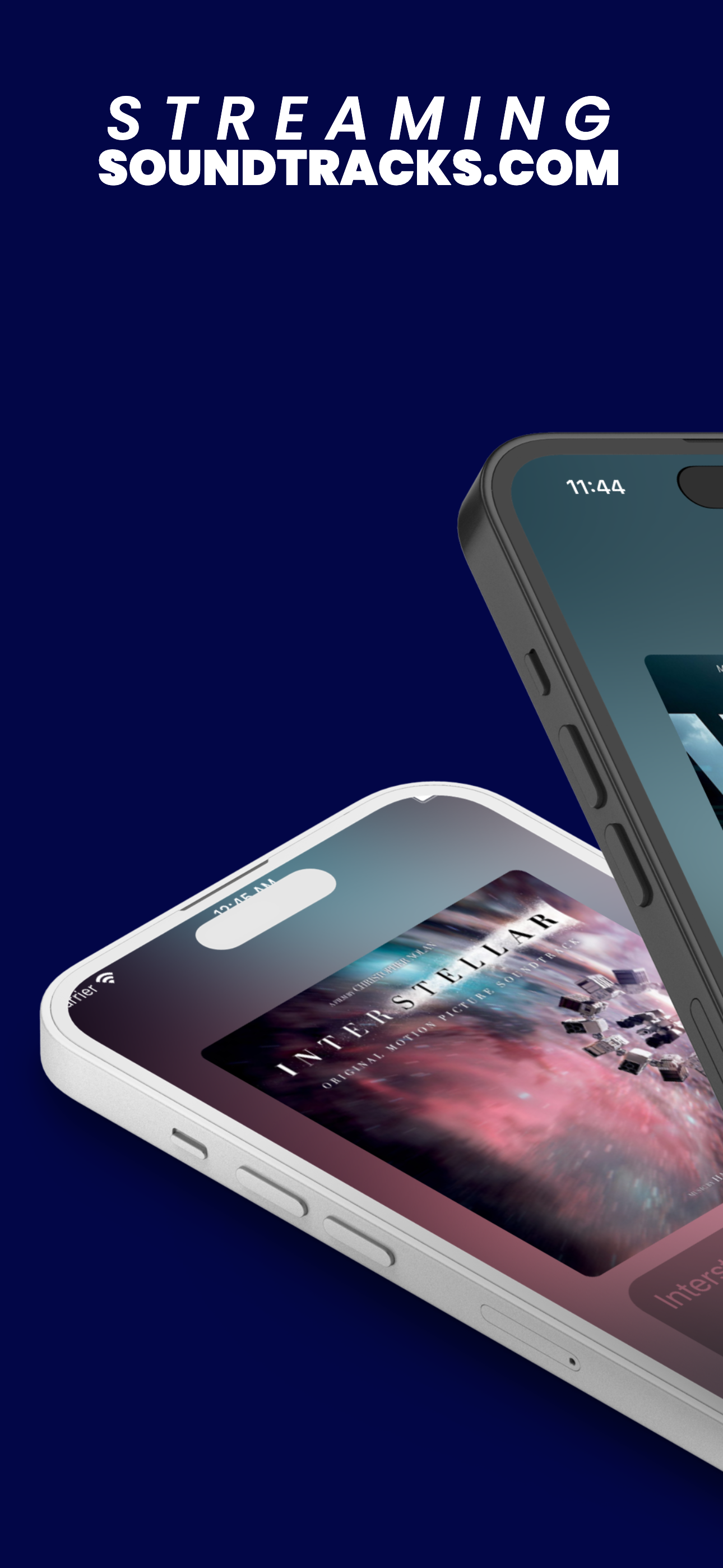 Two iPhones floating over a navy backdrop, playing the Interstellar soundtrack in the 24seven.fm app