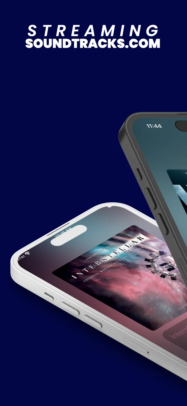 Two iPhones floating over a navy backdrop, playing the Interstellar soundtrack in the 24seven.fm app