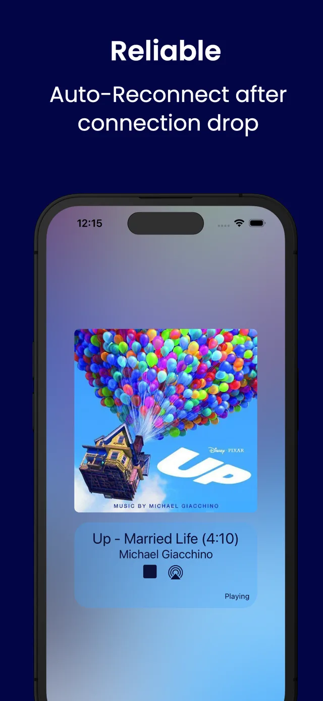 Reliable — auto-reconnect after connection drops, shown with the Up soundtrack