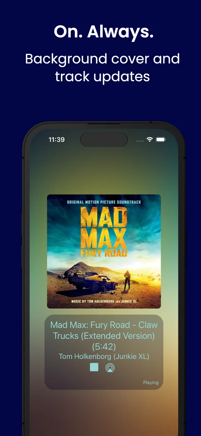 On. Always. — background cover and track updates, shown with Mad Max: Fury Road